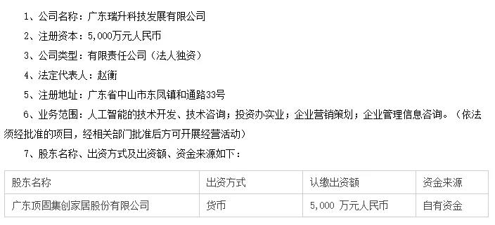 顶固集创拟出资5000万元设立人工智能子公司