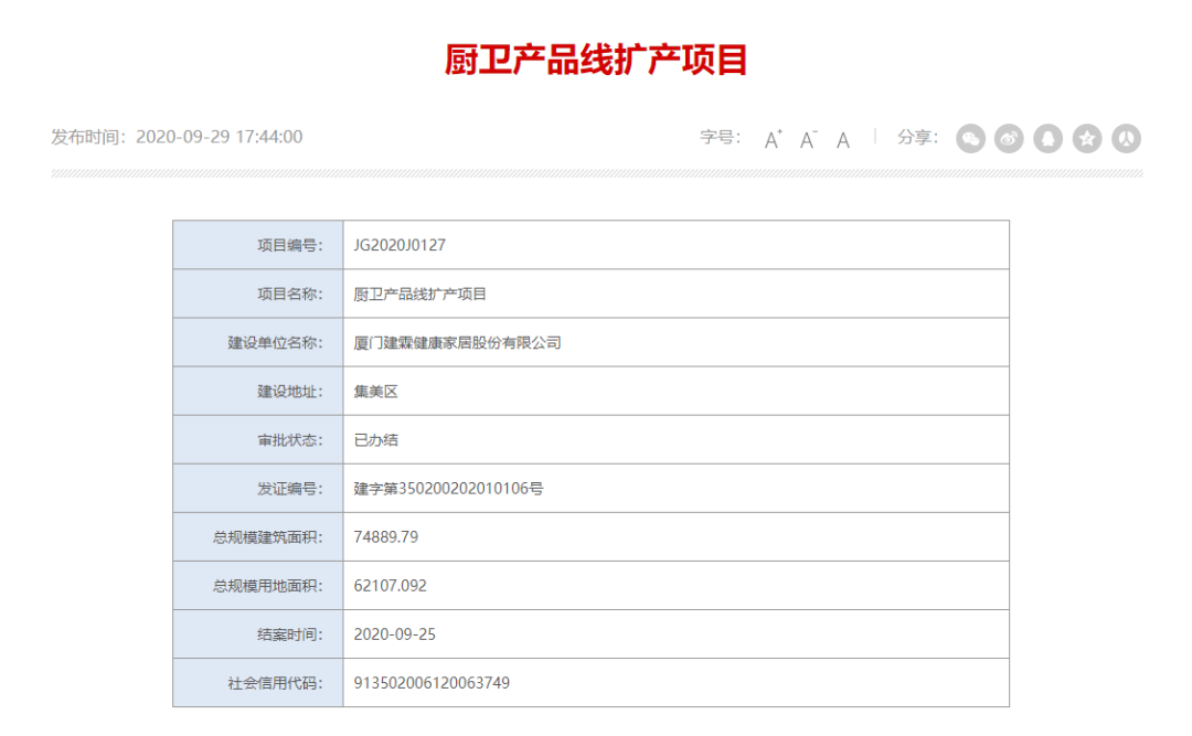 建霖厨卫产品线扩产项目已通过厦门自然资源规划局审批